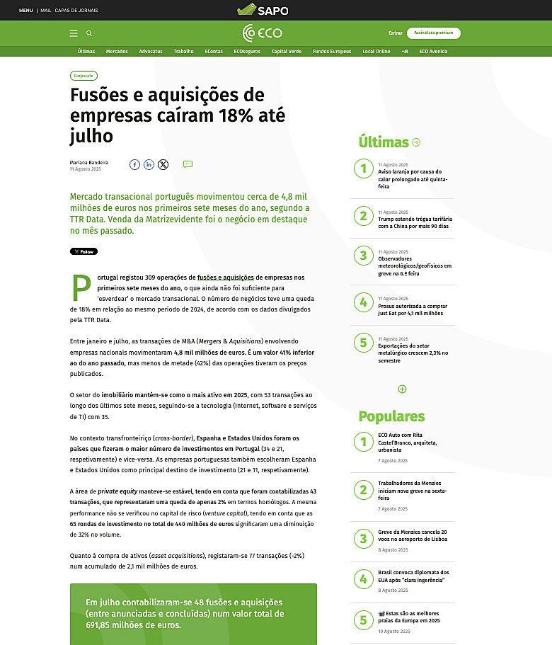 Fuses e aquisies de empresas caram 18% at julho